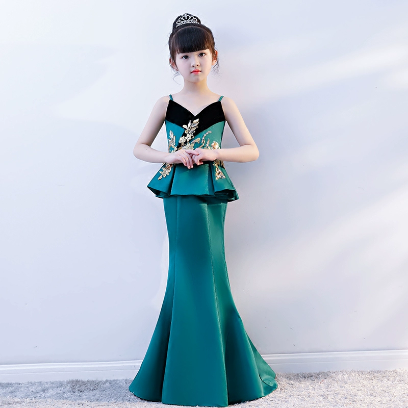 Thời trang ren xanh mới Fake Two Piece Slim Fishtail Model Catwalk Dress 2019 Sling - Váy trẻ em