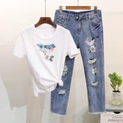 Trạm châu âu 2018 mùa xuân mới đính cườm sequins chim ngắn tay t-shirt + lỗ bảy điểm jeans phù hợp với nữ thủy triều