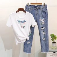 Trạm châu âu 2018 mùa xuân mới đính cườm sequins chim ngắn tay t-shirt + lỗ bảy điểm jeans phù hợp với nữ thủy triều quần tập yoga ống rộng