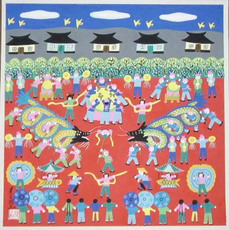 Рисунки акварелью и гуашью 《双龙迎节日》65厘米*65厘米金山农民画曹金根原创作品